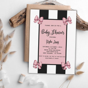 Coquette Pink Bows Black Stripe Baby Shower Invitation