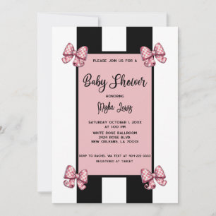 Coquette Pink Bows Black Stripe Baby Shower Invitation
