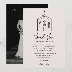 Coquette Pink Chapel Wedding Photo Thank You Card