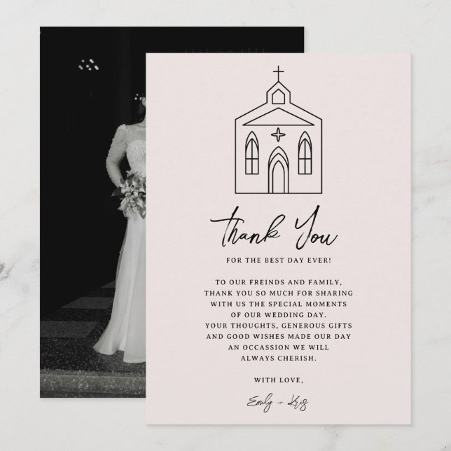 Coquette Pink Chapel Wedding Photo Thank You Card (Front/Back)
