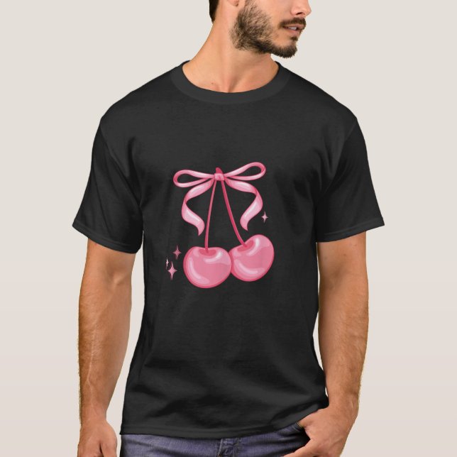Coquette Pink Cherry Bow Aesthetic Cute Trend Coqu T-Shirt (Front)