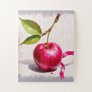Coquette Pink Cherry with Leaves and Ribbon Jigsaw Puzzle