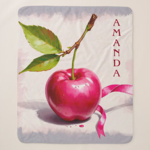 Coquette Pink Cherry with Leaves and Ribbon Sherpa Blanket