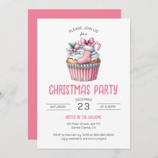 Coquette Pink Cupcake Christmas Party Invitation (Front/Back)