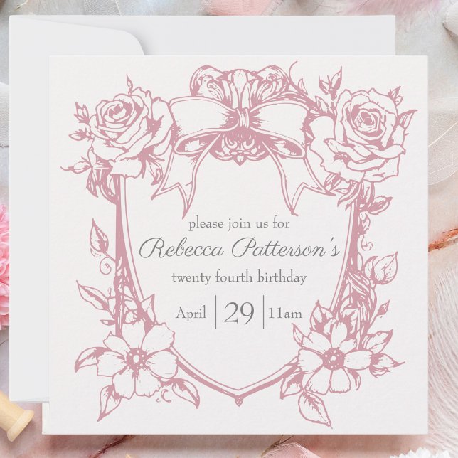 Coquette Pink Cute Feminine Bow Frame Party Invitation (feminine pink coquette birthday  party invitation pink bow floral frame victorian tea party cute)