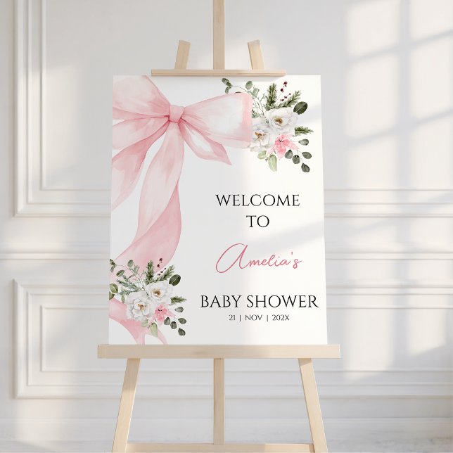 Coquette Pink Floral Bow Baby Shower Welcome Sign (Coquette Pink Bow Baby Shower Welcome Poster, Bow Baby Shower Welcome Sign, Pink Floral Winter)