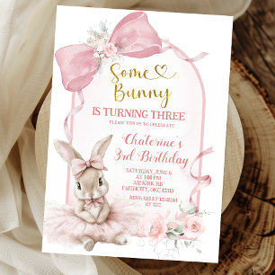 Coquette Pink Floral Bow Bunny Ballerina Birthday Invitation