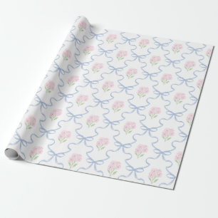 Coquette Pink Forget-Me-Nots Blue Bow Trellis Wrapping Paper