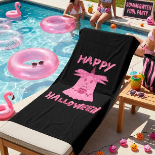 Coquette Pink Ghost Happy Halloween Digital Art Beach Towel