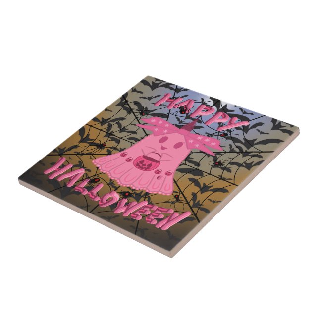 Coquette Pink Ghost Happy Halloween Digital Art Ceramic Tile (Side)