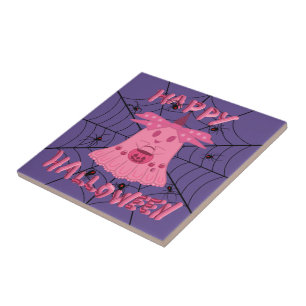 Coquette Pink Ghost Happy Halloween Digital Art Ceramic Tile