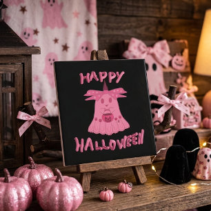 Coquette Pink Ghost Happy Halloween Digital Art Ceramic Tile