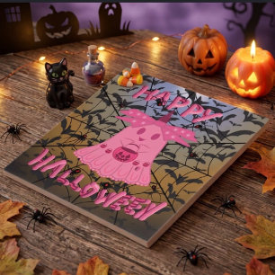Coquette Pink Ghost Happy Halloween Digital Art Ceramic Tile