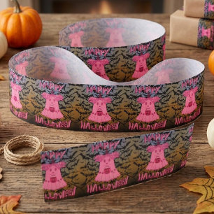 Coquette Pink Ghost Happy Halloween Digital Art Satin Ribbon