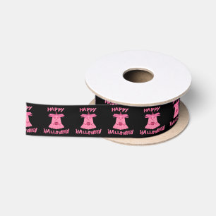 Coquette Pink Ghost Happy Halloween Digital Art Satin Ribbon