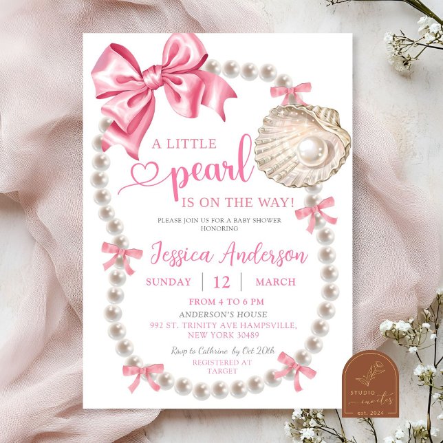 Coquette Pink Girl Pearls Baby Shower Invitation (Creator Uploaded)