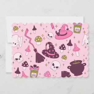 coquette pink halloween witch cauldron hat broom invitation