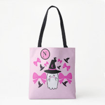 Coquette Pink Halloween Witchy Ghost Monogram 