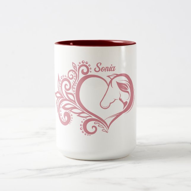 Coquette Pink Heart Horse Girl Feminine Elegant Two-Tone Coffee Mug (Center)