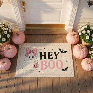 Coquette Pink Hey Boo Ghost Halloween  Doormat