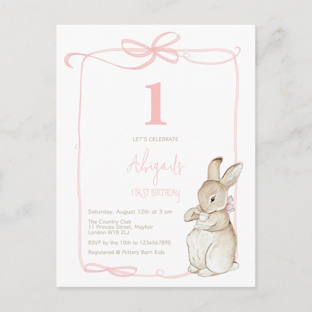Coquette Pink Peter the Rabbit Girl 1st Birthday Postcard (Front)