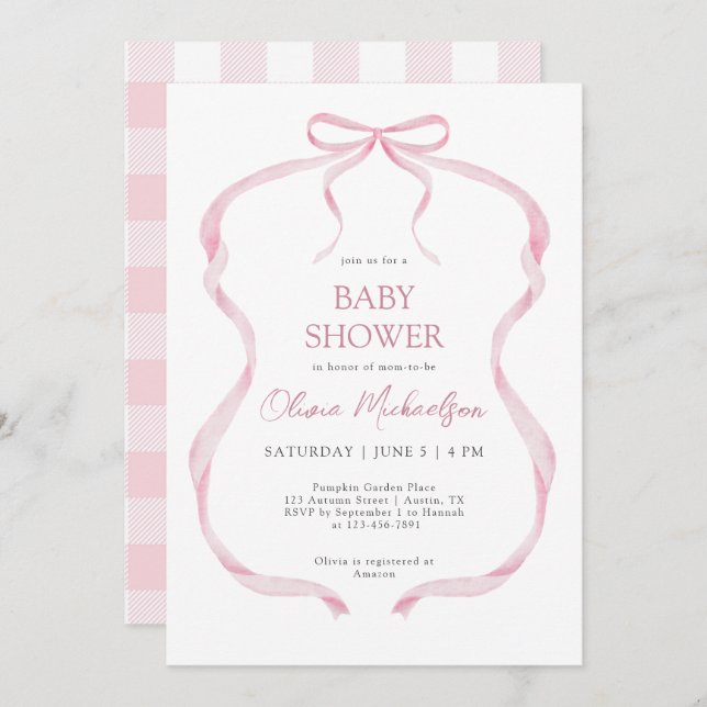 Coquette Pink Plaid Ribbon Bow Girl Baby Shower Invitation (Front/Back)