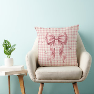 Coquette Pink Satin Bow & Cherries Gingham Throw Cushion