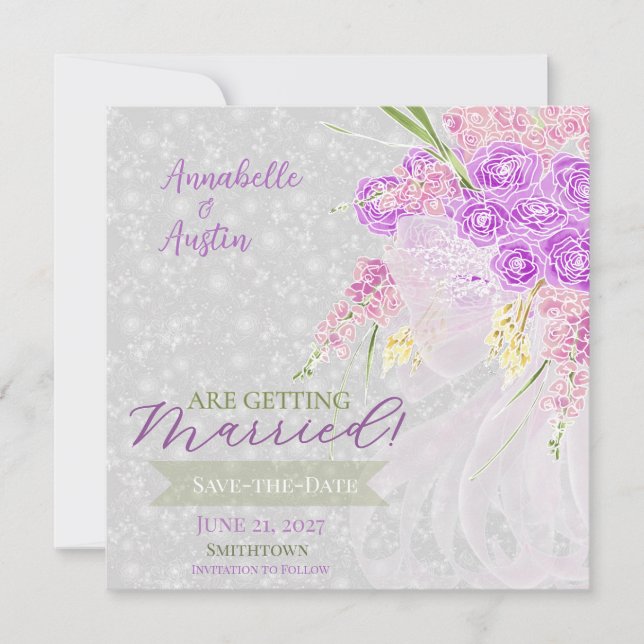 Coquette Pink sheer bow Bouquet   Save The Date (Front)