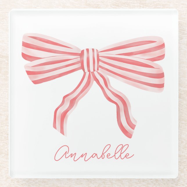 Coquette Pink Striped Bow Glass Coaster (Front)