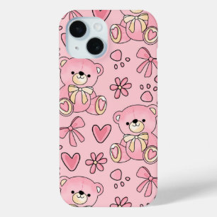 Coquette Pink Teddy Bear Seamless Pattern iPhone 15 Case