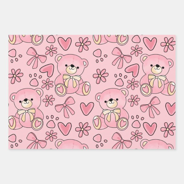 Coquette Pink Teddy Bear Seamless Pattern Wrapping Paper Sheet (Front)