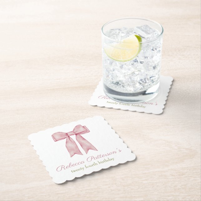 Coquette Pink Watercolor Bow Feminine Bday Party Paper Coaster (Insitu)
