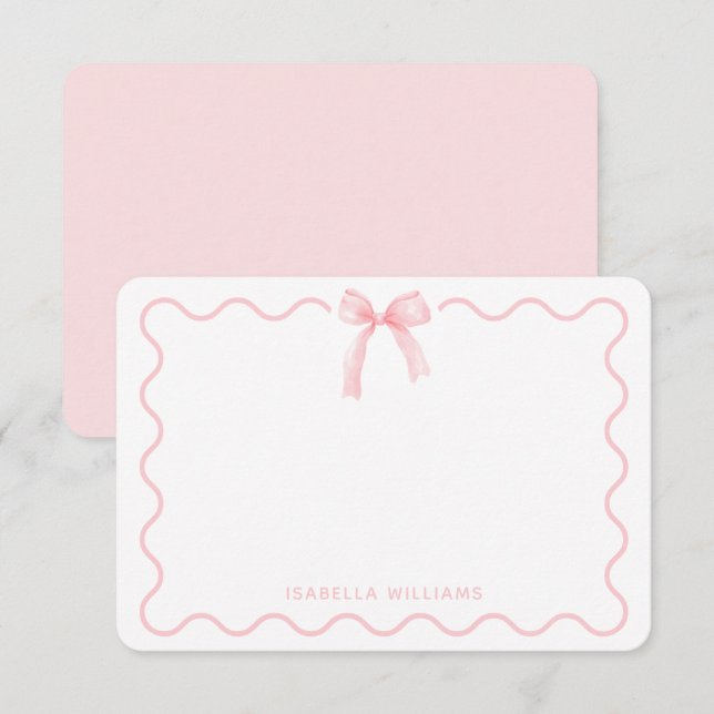 Coquette Pink Watercolor Bow Personalized Note Card (Front/Back)