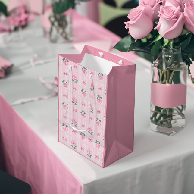 Coquette Plaid Ribbon & Rose Pink Medium Gift Bag (gift bag on a party table)