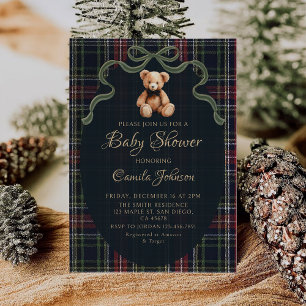Coquette Plaid Teddy Bear Baby Shower Invitation