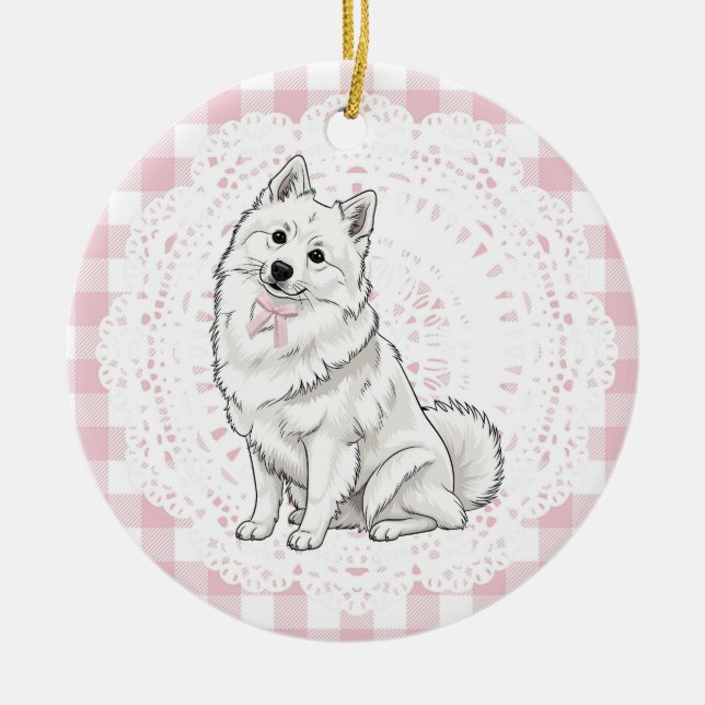 Coquette Pomeranian Dog Pink Gingham Bows Ceramic Ornament (Front)