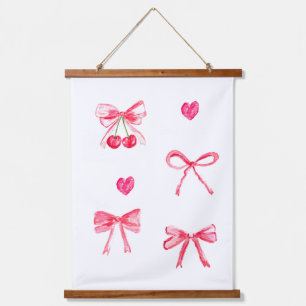 Coquette Preppy Pink Bow Baby Girl Kids Watercolor Hanging Tapestry