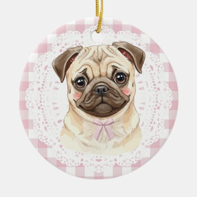 Coquette Pug Dog Pink Gingham Bows Ceramic Ornament (Front)