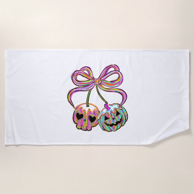Coquette Pumpkin Cherries Halloween Beach Towel (Front)