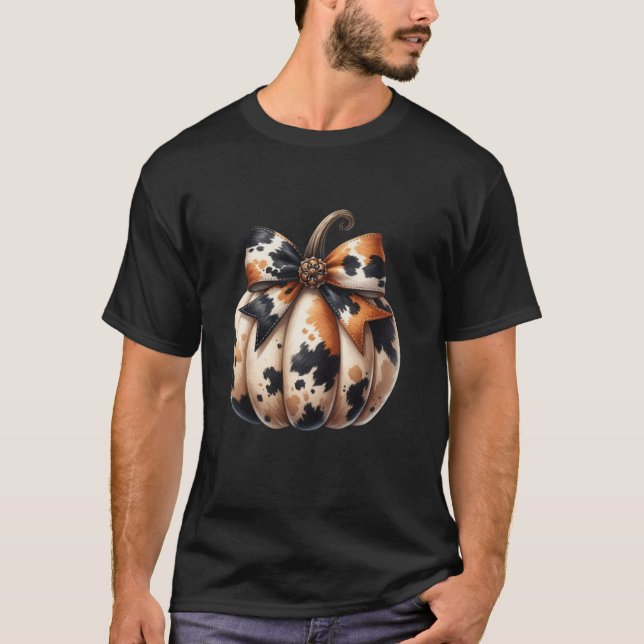 Coquette Pumpkin Cowhide Bow Pumpkin Patch Girly F T-Shirt (Front)