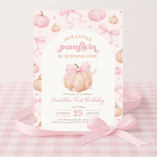 Coquette Pumpkin Pastel Pink Bow Girl Birthday Invitation (Creator Uploaded)