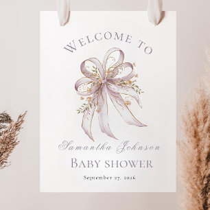 Coquette purple bow baby shower welcome sign (