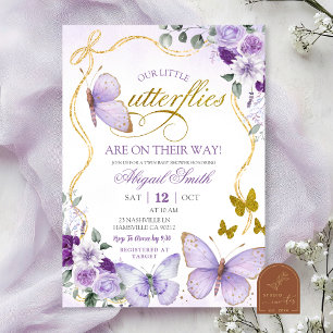 Coquette Purple Butterfly Twins Baby Shower Invitation