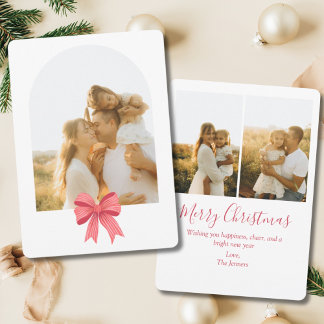 Coquette Red Bow Arch Preppy 3 Photo Christmas Holiday Card