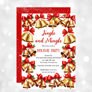 Coquette Red Bows   Bells Christmas Holiday Party Invitation
