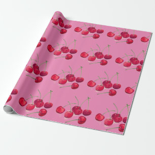 Coquette red Cherries fruit Food Pattern pink Wrapping Paper