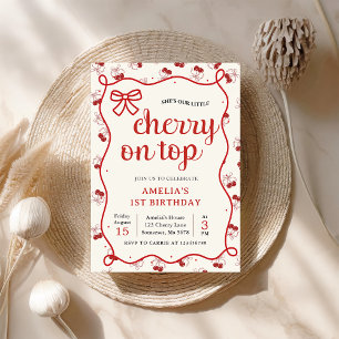 Coquette Red Cherry 1st Birthday Party Invitation