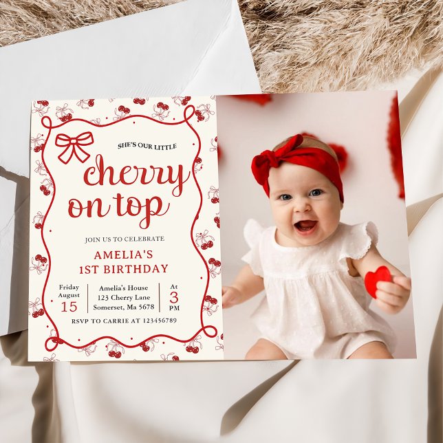 Coquette Red Cherry 1st Birthday Photo Invitation (Creator Uploaded)