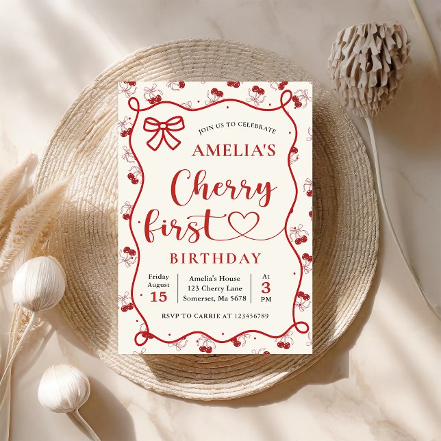 Coquette Red Cherry First Birthday Invitation (Creator Uploaded)