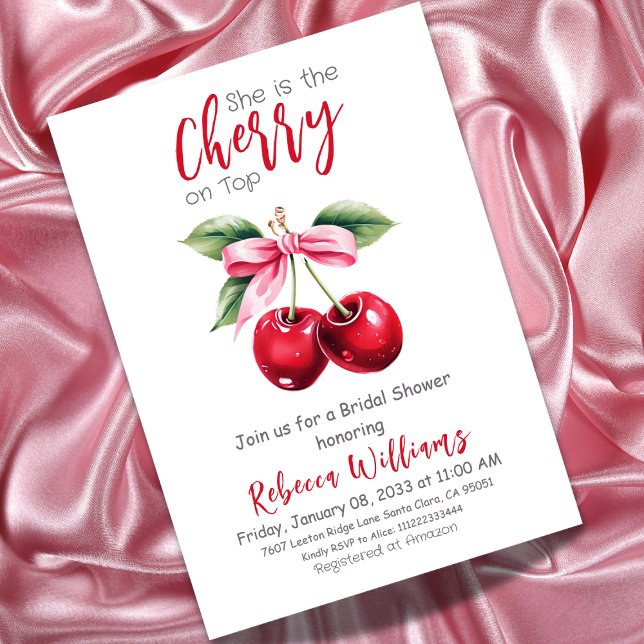Coquette Red Cherry on Top Pink Bow Bridal Shower Invitation (Creator Uploaded)